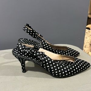 Raye black and white polka dot kitten heel with bow detail